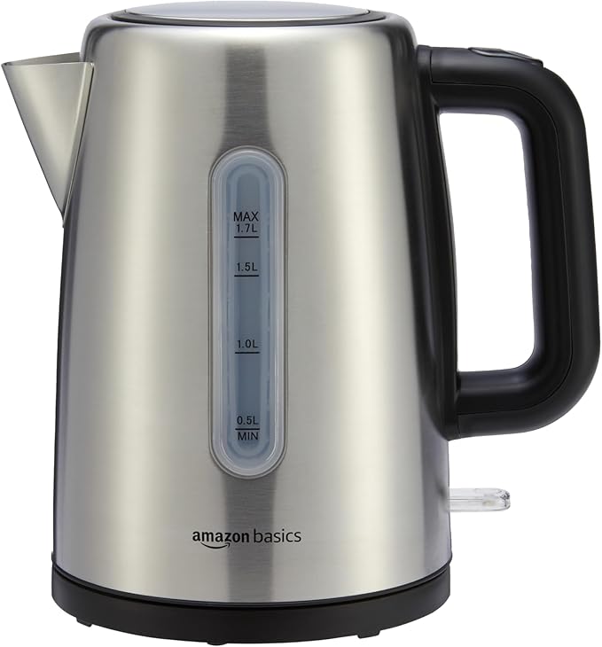 Amazon Basics Electric Stainless Steel Kettle for Tea and Coffee, BPA-Free, Fast Boiling, Auto Shut-Off, 1.7 Liter, 1500W, Black and Silver