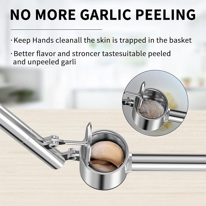 5-in-1 Stainless Steel Garlic Press Set with Large Chamber & Mincer - Heavy Duty Rustproof Garlic Crusher with Ergonomic Handle, Dishwasher Safe, Easy Squeeze Design for Ginger, Nuts, Herbs (Large)