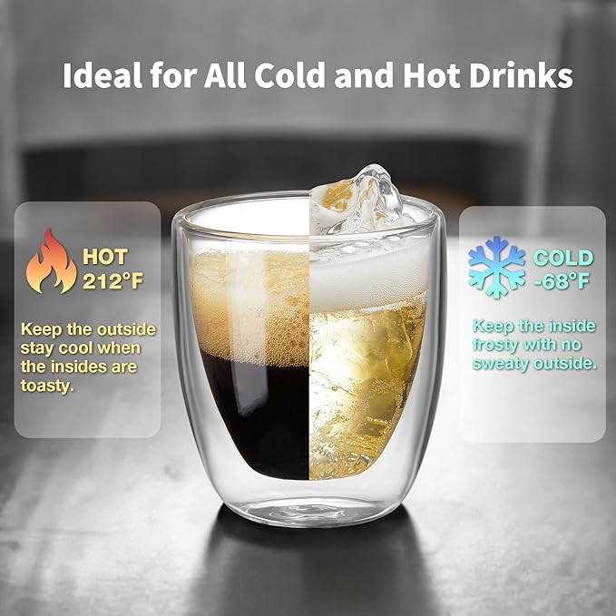 Double Walled Espresso Cups Set of 4 (50% Thicker), 3 Ounce Clear Expresso Coffee Mugs, Espresso Shot Glasses, Double Wall Insulated Espresso Cups Suit for Espresso Machine, Microwave Safe