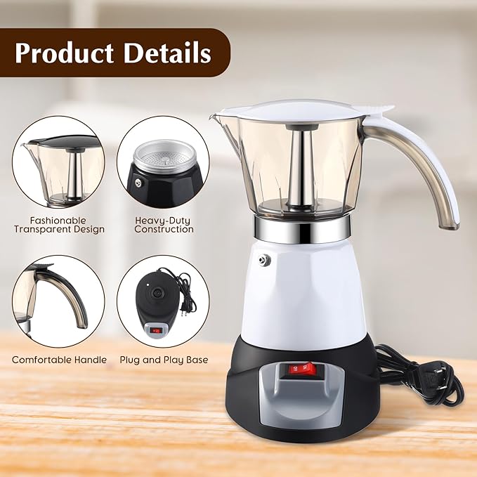 Lemosae Electric Espresso Maker Transparent Coffee Maker Electric Moka Pot Portable Aluminum Espresso Machine Italian Moka Pot with Detachable Base, Coffee Gift for Women Men Home Travel (White,6 Cup)