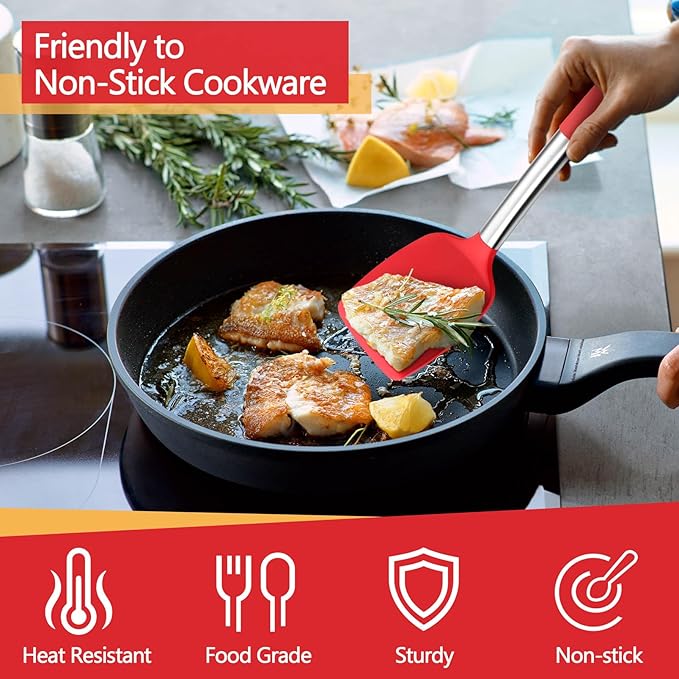P&P CHEF Red Kitchen Cooking Utensil Set of 4, Silicone Solid Spatulas Slotted Spoons Turners for Non-stick Cookware Flipping Mixing, Heat-proof