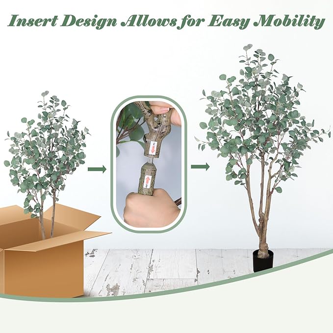 6FT Artificial Eucalyptus Tree Indoor, Tall Faux Eucalyptus Plant with Pre-Potted Realistic Silk Leaves and Trunk, Fake Eucalyptus Tree for Office Living Room Bedroom Kitchen Home Corner Decor