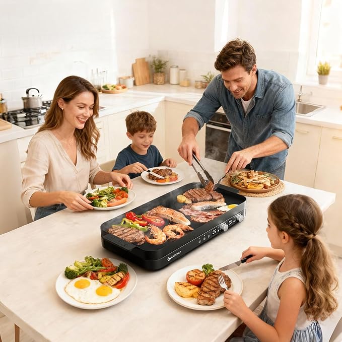 AMZCHEF Portable Indoor Grill: 1800W Electric Grill Griddle with Removable Grill Pan, 5 Temperature Levels & 99 Min Timer Electric Griddle