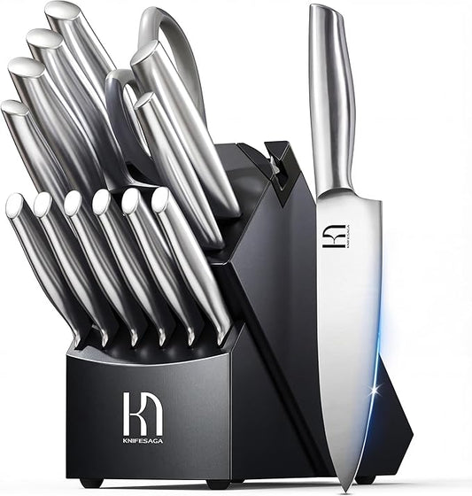 Knife Set Premium, Kitchen Knife Block Set 14 Pcs Japanese High Carbon Stainless Steel Enduring Razor Sharp, Black Chef Knives Set with Built-in Sharpener and Acacia Wood Block for Kitchen
