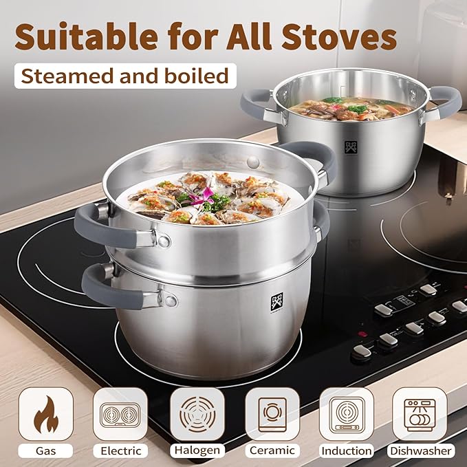 GOLDEN KEY 3.2 QT Steamer for Cooking,Steamer Pots with Vegetable Steam Basket,2-Tier Multipurpose 18/8 Stainless Steel Steaming Pot Cookware for Vegetable,Soup, Food,Dumplings,Oven & Dishwasher Safe