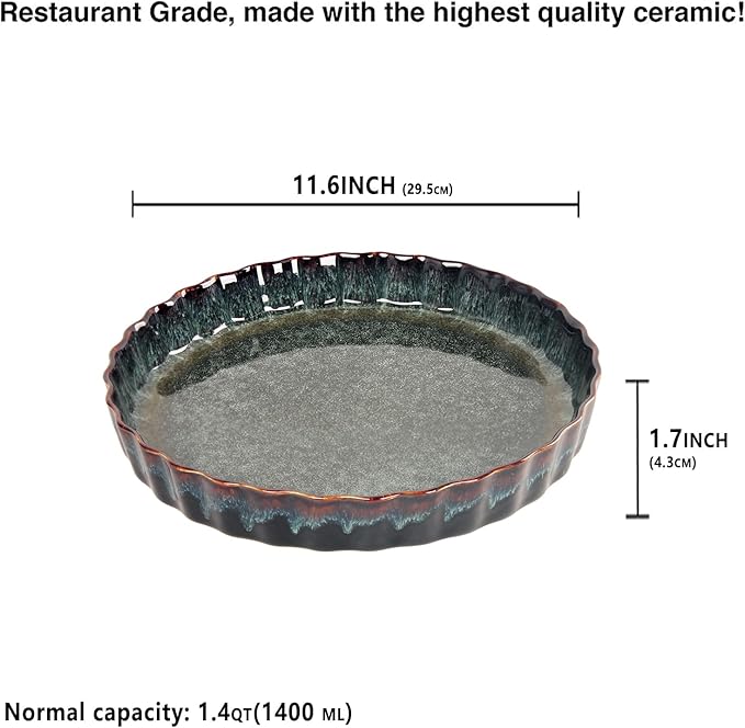 LIUYWYHCF Ceramic Pie Pan Quiche Baking Dish, 11 Inch Round Ruffled Edge Au Gratin Baking Dishes, 1.4 Quart Non-Stick Pie Dish, Tart Pan, Pie Plate for Apple, Oven, Dishwasher and Microwave Safe