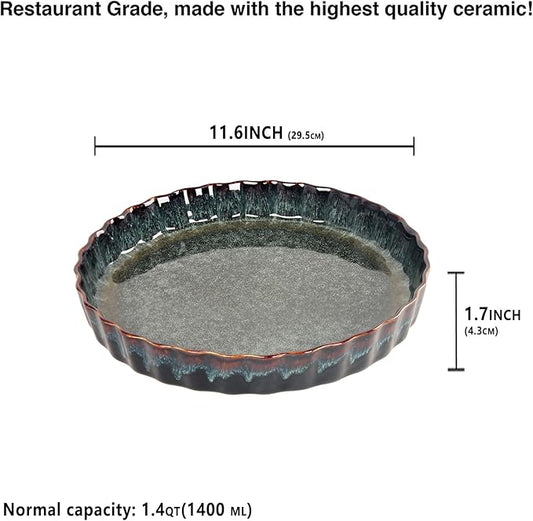 LIUYWYHCF Ceramic Pie Pan Quiche Baking Dish, 11 Inch Round Ruffled Edge Au Gratin Baking Dishes, 1.4 Quart Non-Stick Pie Dish, Tart Pan, Pie Plate for Apple, Oven, Dishwasher and Microwave Safe