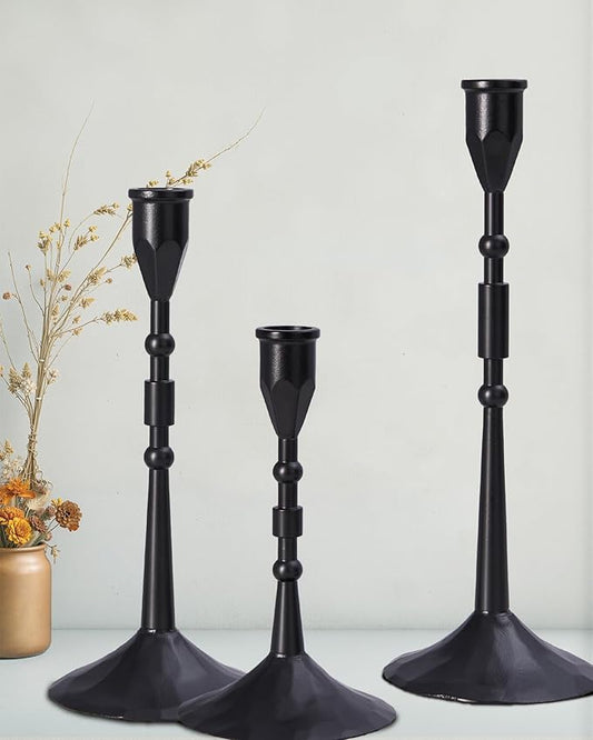 Vintage Taper Candle Holders Set | Handmade 3-Piece Candlestick Decor for Table Centerpiece, Farmhouse Kitchen & Party Lighting (Black)