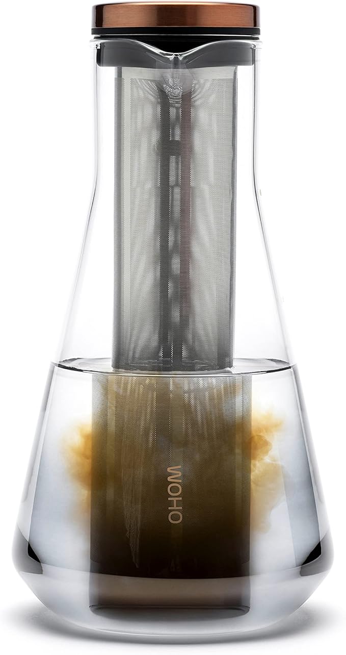 Sio Cold-Infusion Pitcher – 54 fl oz / 1600 mL Borosilicate Glass Pitcher with Micro-Fine 316 Stainless Steel Strainer & Copper-Plated Lid, Includes Measuring Scoop