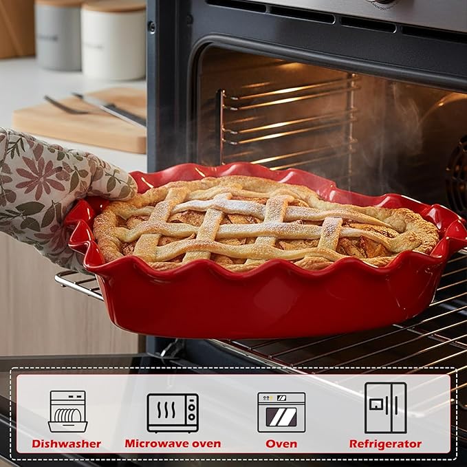 FoldTier 9in Valentine's Day Heart Shaped Deep Pie Dish 2.6in Ceramic Ruffle Heart Pie Pan Baking Dish for Valentine Wedding Anniversary Party Apple Quiche Pot Pies Tart for Microwave Oven(Red)