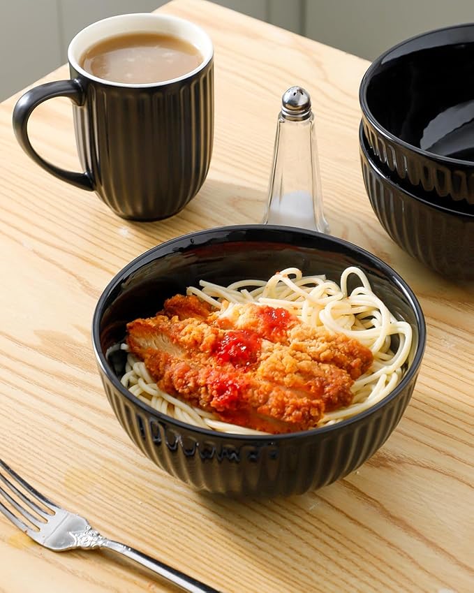 HASENSE 7 Inch Large Serving Bowls Set of 4, 42 Oz Black Ceramic Salad Bowl for Kitchen,Modern Ribbed Porcelain Dishes for Entertaining,Soup,Pho,Pasta,Cereal, Noodle - Dishwasher & Microwave Safe