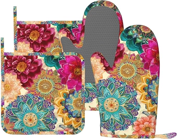 Oven Mitts and Pot Holders Boho Colorful Flower Silicone Kitchen Accessories Set of 4 Heat Resistant Long Gloves Potholder Non-Slip Grip for Chef Cooking Baking Grilling BBQ