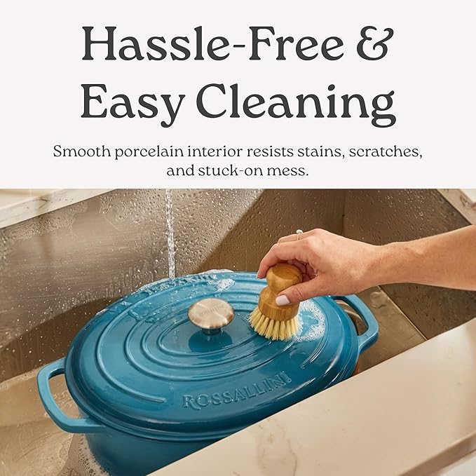 ROSSALLINI Signature Enameled Cast Iron Oval Dutch Oven | Non-Stick Serving Pot with Tight Fitting Lid for Perfect Roasting, Baking, Sauteing, and Bread Making | 6.75Q [Ocean Blue]