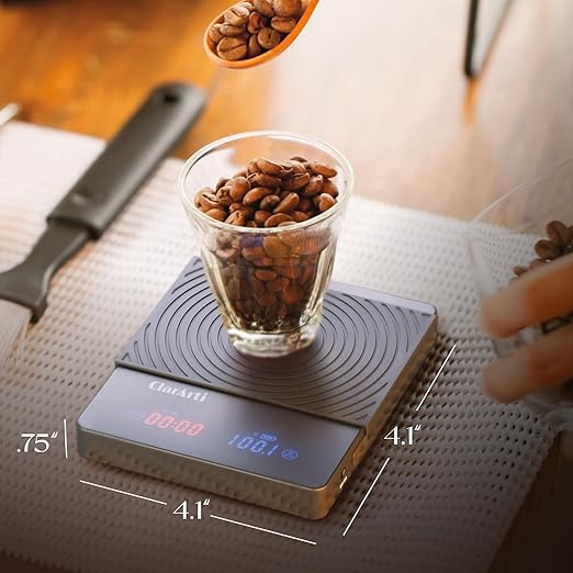 ClarArti - Sensitive Coffee Scale with Timer – 2kg/0.1g High Accuracy Small Espresso Scale for Barista Tools - Water-Resistant, Pour Over, and Drip Coffee – Precision Espresso Scale with Timer