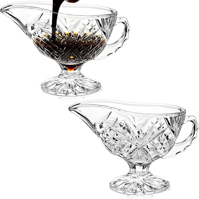 2 Pack 11.8 oz Glass Gravy Boat with Handle, Clear Gravy Sauce Boat Crystal Gravy Bowl for Dining, Salad Dressings, Black Pepper, Broth, Thanksgiving