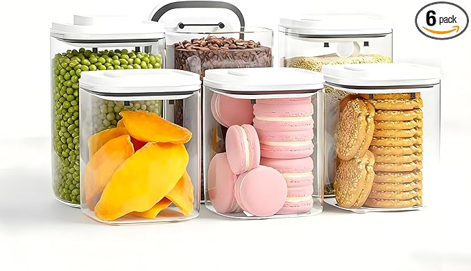 Pop Top Food Storage Container Set | 6Pcs Airtight Cereal Storage Organizer Canisters with Pop Lids, BPA-Free, Vacuum Seal & One-button Opening, Stackable Pantry Containers for Dry Food Storage