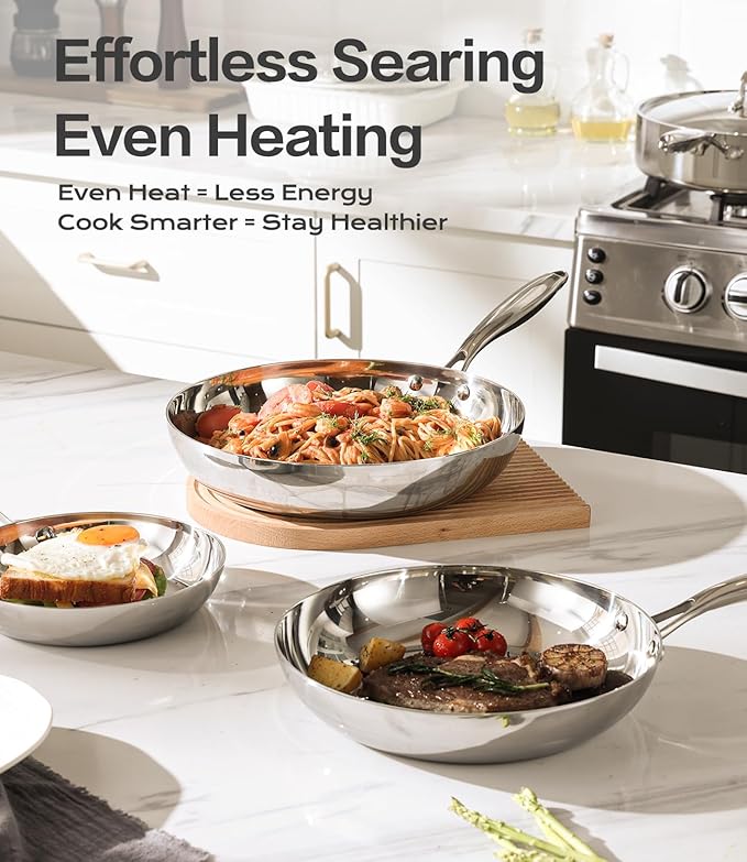 USELUCK Stainless Steel Frying Pan Sets 6 Piece 8, 10 & 12 Inch with Lids, Oven & Dishwasher Safe Fast and Even Heating Stay Cool Handles Non-toxic PFOA Free Stir Fry Pan Skillets Sets