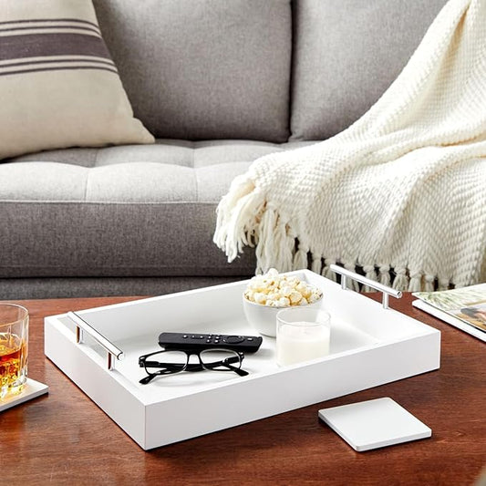 Juvale Ottoman Tray with Coasters & Interchangeable Gold & Silver Handles - 15.7" x 11.8" x 3.1" - White Rustic Wood Rectangular - Coffee Table Tray for Serving & Decorative Accents