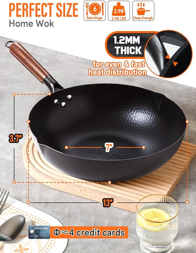 Carbon Steel Wok Pan, 5 Piece Authentic Chinese Wok & Stir-Fry Pans Set with Wooden Lid, No Chemical Coated Flat Bottom Chinese Woks Pan for All Stoves-13“