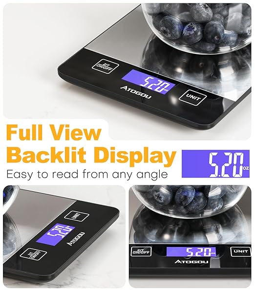 Atogou Food Scale, 33lb/15kg Rechargeable Kitchen Scale with Full-View Backlit LCD Display, Grams and Ounces, Type-C Charging, Waterproof Stainless Steel Surface for Baking, Cooking, Food Black