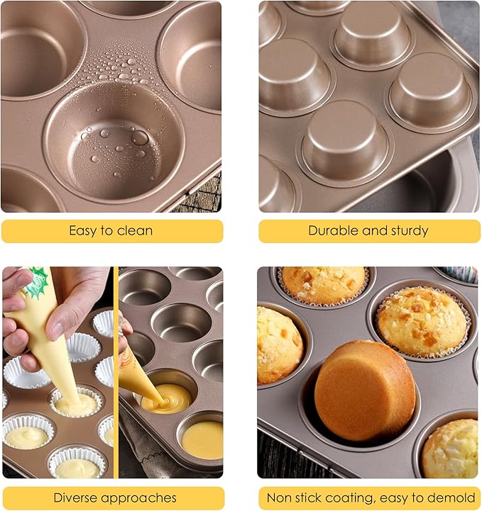 Cayanmydery 12-Cup Muffin Pan Tin for Baking, 2 Packs Nonstick Cupcake Pan Tin, Cup Cake Tray, Cheesecake Pans, Gold