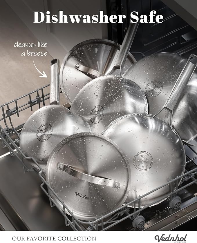 VEDNHOL Stainless Steel Saute Pan with Stainless Steel Lid 7-Quart,13-Inch Deep Skillet,Dishwasher&Oven Safe,Induction&All Stove Compatible,Brushed Finish