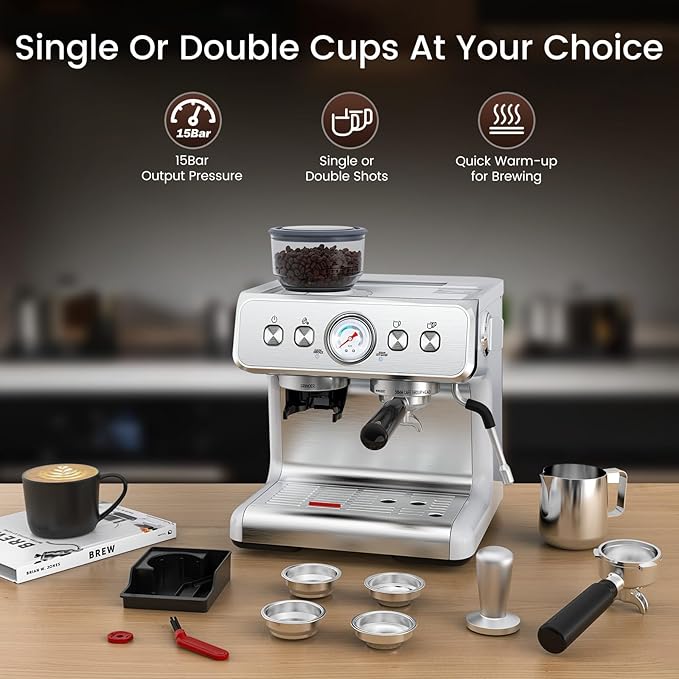Electactic 20 Bar Espresso Machine with Grinder & Milk Frother Steam Wand, 58mm Stainless Steel Coffee Maker, Expresso Coffee machines for Home and Café Use, Perfect for Cappuccino and Latte