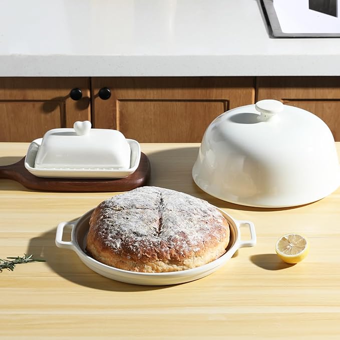 Sweejar Ceramic Bread Oven with Lid, Large Sourdough Bread Baking Pan with Handle, 5QT Porcelain Round Bread Cloche For Baking, Cooking, Roasting (Beige)