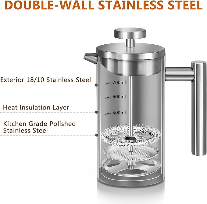 WORBIC French Press Coffee Maker 34oz, Stainless Steel Double Wall Insulated, 3 Extra Filters & Coffee Spoon for Hot/Cold Brew, Durable Coffee Press for Home, Camping, Office - Silver