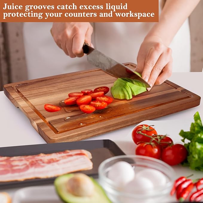 Gtencemen Acacia Wood Cutting Boards for Kitchen, Wooden Chopping Board with Side Handle and Juice Groove, 15" X 11" Carving Board, Butcher Block, Cheese Charcuterie Boards for Meat, Fruit, Steak