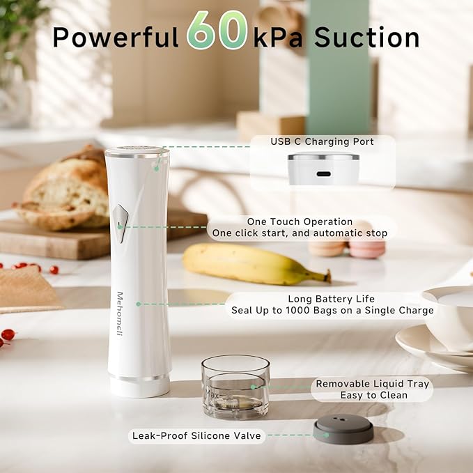 Compact Vacuum Sealer for Food (Vacuum Sealer Machine + 10 Reusable Vacuum Bags), Powerful Handheld Vacuum Sealer Machine, Seal Food 6X Fresh Longer, Portable & Wireless, Easy-Clean