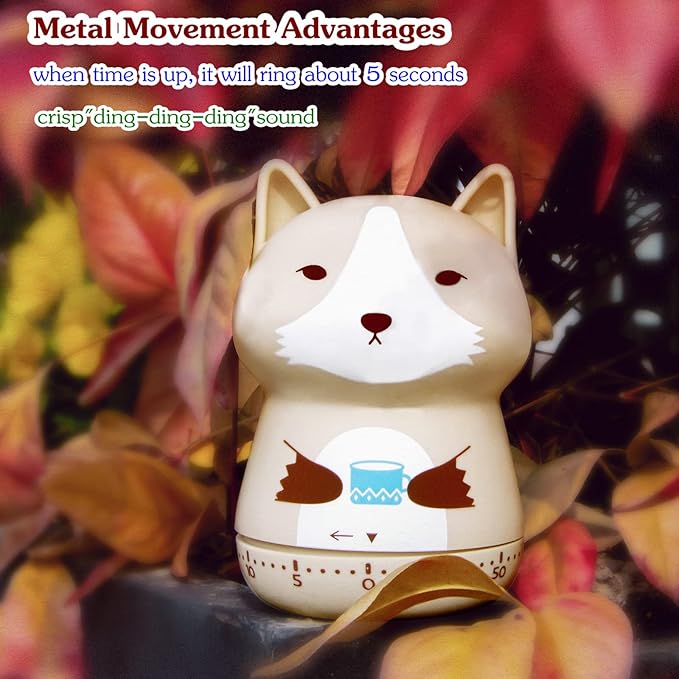 Mechanical Kitchen Timer, Cute Animal Timer for Kids, Wind Up 60 Minutes Manual Countdown Timer for Classroom, Home, Study and Cooking (Beige Wolf)