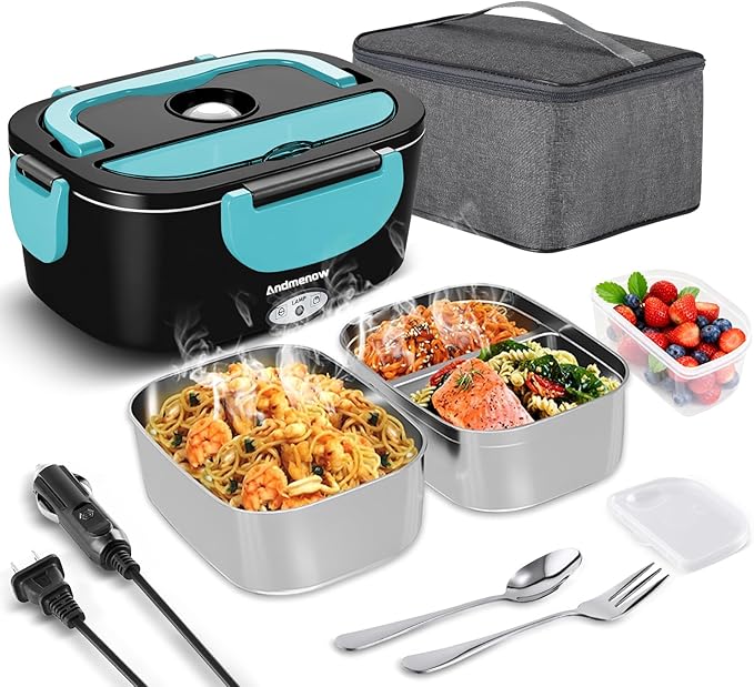 Electric Lunch Box 80W Food Heater with Dual Container, Portable Lunch Warmer for Adults, Upgraded Heated Lunch Box for Car/Truck/Office,110/24/12V 1.5L Black+Blue
