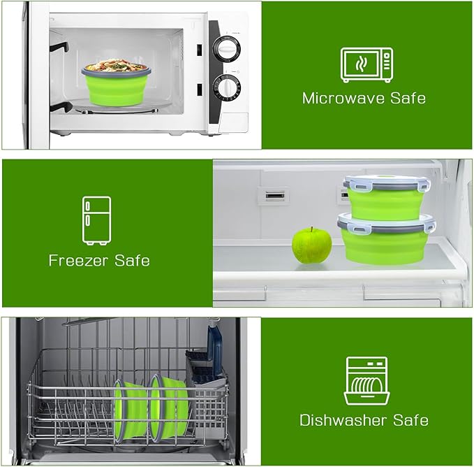 4 Pieces Collapsible Bowls for Camping, Foldable Silicone Collapsible Bowls with Lids, BPA-Free Microwave/Freezer/Dishwasher Safe Bowl, Green (12oz/16.9oz/27oz/40oz)