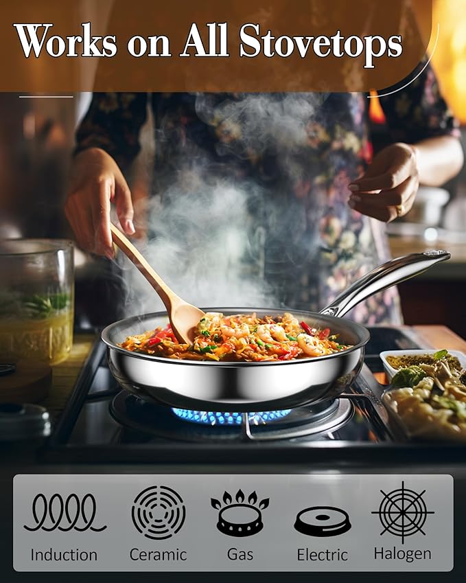 Cook N Home 10-inch Stainless Steel Frying Pan, Tri-Ply Clad 18/10 Stainless Steel Skillet Sauté Cooking Fry Pan, Induction Cookware, Silver