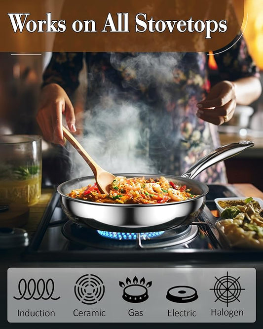 Cook N Home 10-inch Stainless Steel Frying Pan, Tri-Ply Clad 18/10 Stainless Steel Skillet Sauté Cooking Fry Pan, Induction Cookware, Silver
