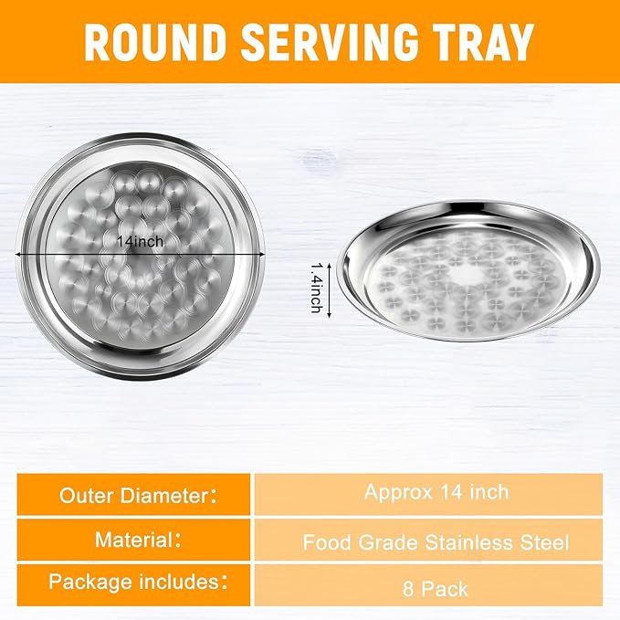8 Pack Stainless Steel Round Serving Tray with Swirl Pattern Bulk Large Round Tray Silver Metal Display Serving Platter for Coffee Party Club Home (14 Inch)