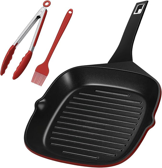 EvoFar 11 Inch Nonstick Grill Pan, Square Large Grilling Skillet Steak Pan for Stove Tops, Granite Coating Grill Skillet with Pour Spouts, PTFE & PFOA Free, Durable Grilling Pan for Indoor & Outdoor