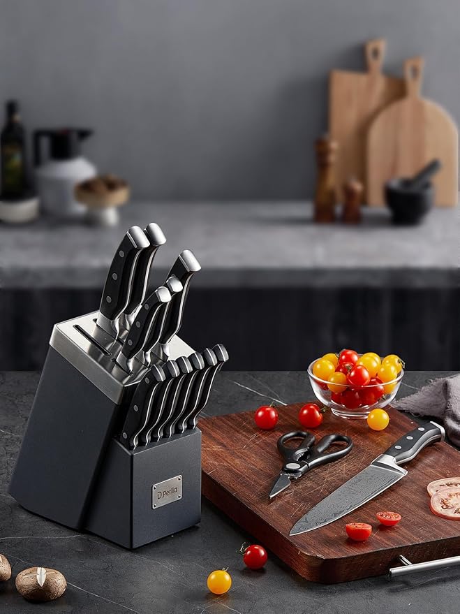 Knife Set, D.Perlla Knife Block Set with Advanced Self-Sharpening Technology, 14-Piece Waved Texture Kitchen Knives, German Stainless Steel Knife Set with Block, Razor-Sharp and Full Tang Handle
