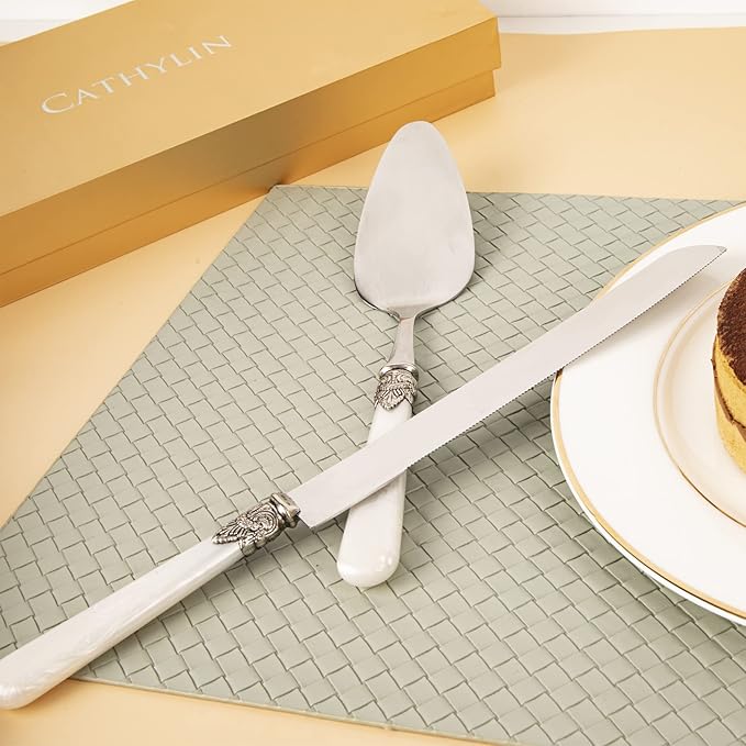 CATHYLIN Wedding Cake Knife and Serve Set, Fancy Hand Craft Italian Style Design, Pearl Pie Knife Server Set, Vintage Silverware,Cake Cutter Set, Cake Knife Gift Set, 2 pcs (White)