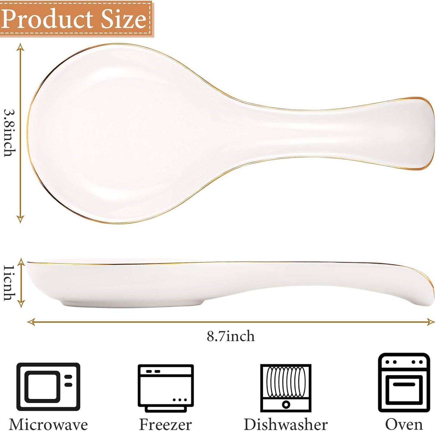 Patelai Ceramic Spoon Rest Spoon Holder Stovetop for Kitchen Stove Coffee Bar Accessories Christmas Gift(White with Gold Brim,Classic Style)