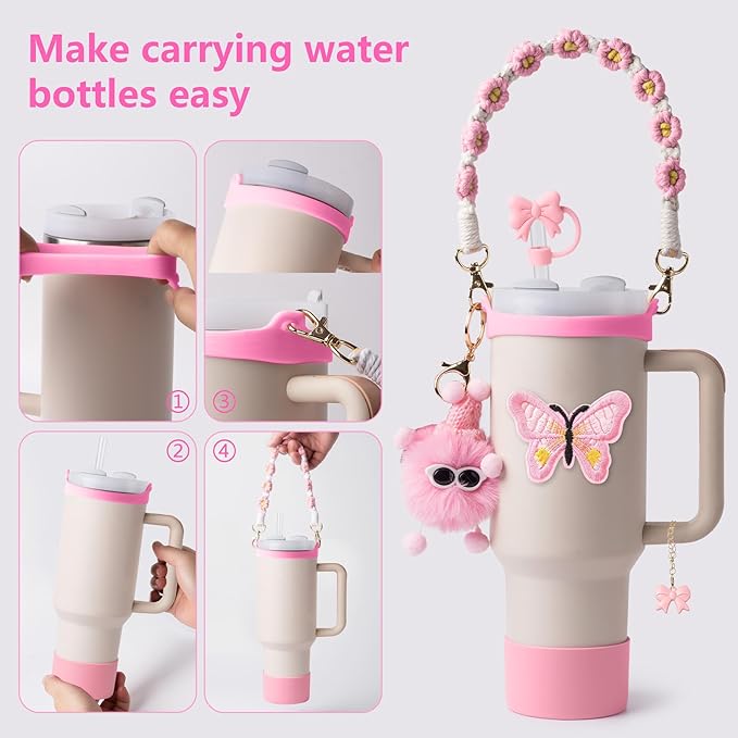 Stanley Cup Accessories Set I Water Bottle Handle Strap, Silicone Cup Boot, Lipstick Holder, Keychain Charms & Handle Charms,Straw Topper Accessories for Stanley Cups 40oz/30oz