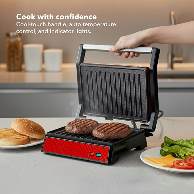 OVENTE Electric Indoor Panini Press Grill and Sandwich Maker with Non-Stick Coated Plates, Cool-Touch Handle and Removable Drip Tray, Opens 180 Degrees to Fit Any Type or Size of Food, Red GP0540R