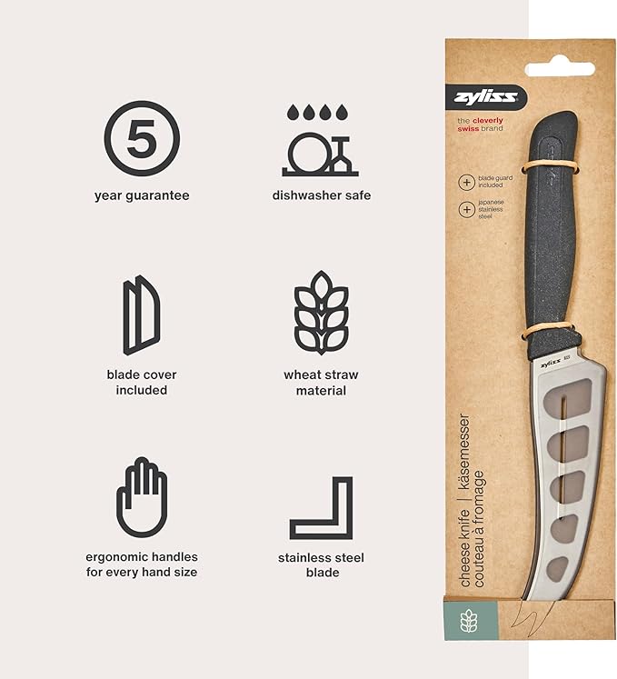 Zyliss Cheese Knife – Stainless Steel Blade with Non-Stick Holes & Forked Tip for Serving – Cuts Soft, Semi-Soft & Firm Cheeses – Wheat Straw Handle, Dishwasher Safe, 5-Year Guarantee – 5"