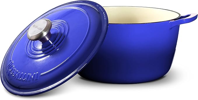 ROSSALLINI Signature Enameled Cast Iron Dutch Oven, Non-Stick Serving Pot with Tight Fitting Lid for Perfect Roasting, Baking, Sauteing, and Bread Making | 13.5Q (12.7L) - Indigo Blue