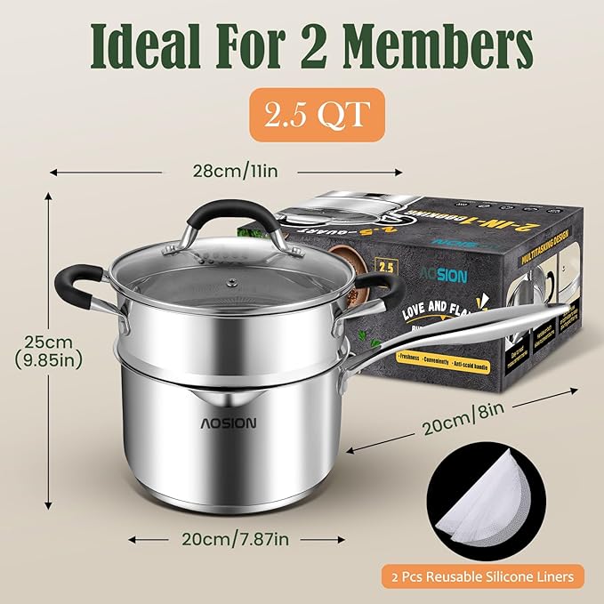 AOSION 2.5 Quart Stainless Steel Saucepan with Steamer Basket,Small Pots for Cooking,Steamer Pan with Pour Spout,Strainer Glass Lid,Perfect For Vegetables Boiling Gravies,Pasta,Noodles