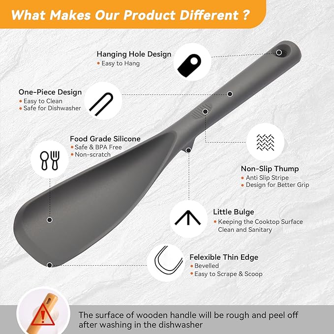 Multifunction Cooking Spoons for Nonstick Cookware, Seamless Design Silicone Spatula Spoon for Mixing, Scoop and Scrape, Dishwasher Safe, 2 Pack, Gray