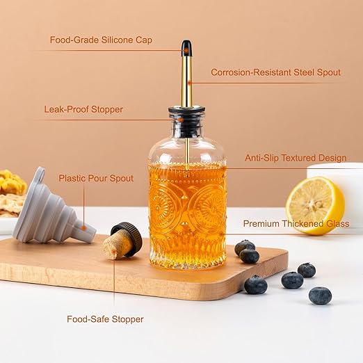 Glass Coffee Syrup Dispenser 7oz, with a Metal Mouthpiece Syrup Dispenser,Syrup Bottles for Maple Syrup, Oil, Coffee Bar Accessories,Vinegar, and Honey.