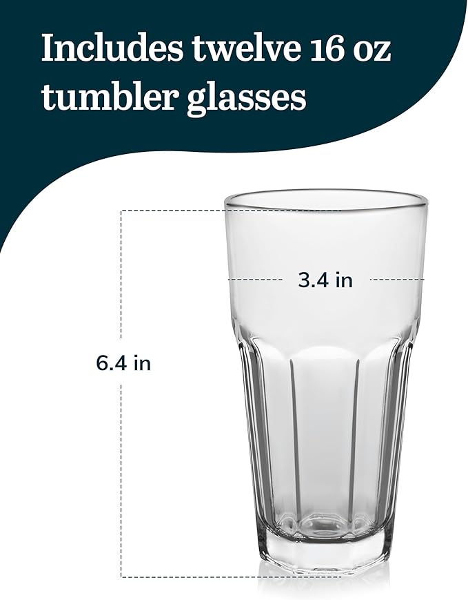 Libbey Gibraltar 16 oz Glass Tumbler, Iconic Heavy Base Glass Drinking Glasses Set of 12, Dishwasher Safe Drinkware Set of 12