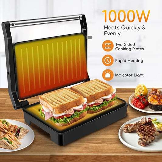 Panini Press Sandwich Maker, Aigostar 1000W Sandwich Press Grill with Non-Stick Coated Plates, Indicator Light, Locking Lid, Cool Touch Handle, Panini Maker Panini Press Grill Easy to Storage & Clean